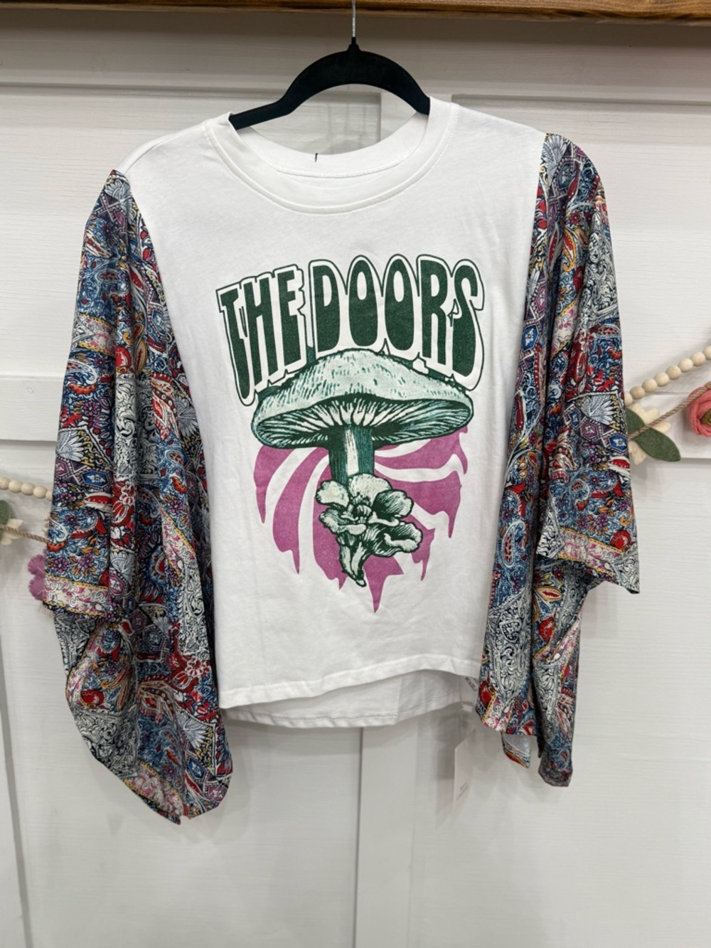 The Doors Graphic Mushroom Tee with Paisley Kimono Sleeves - White & Multicolor